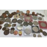 A selection of mainly British coins including Victorian Crowns in a Riley's toffee tin.Condition