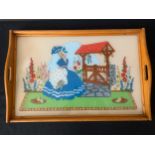 A Vintage glass galleried tray depicting a lady in a garden. 32 x 52cms. Condition ReportSlight wear