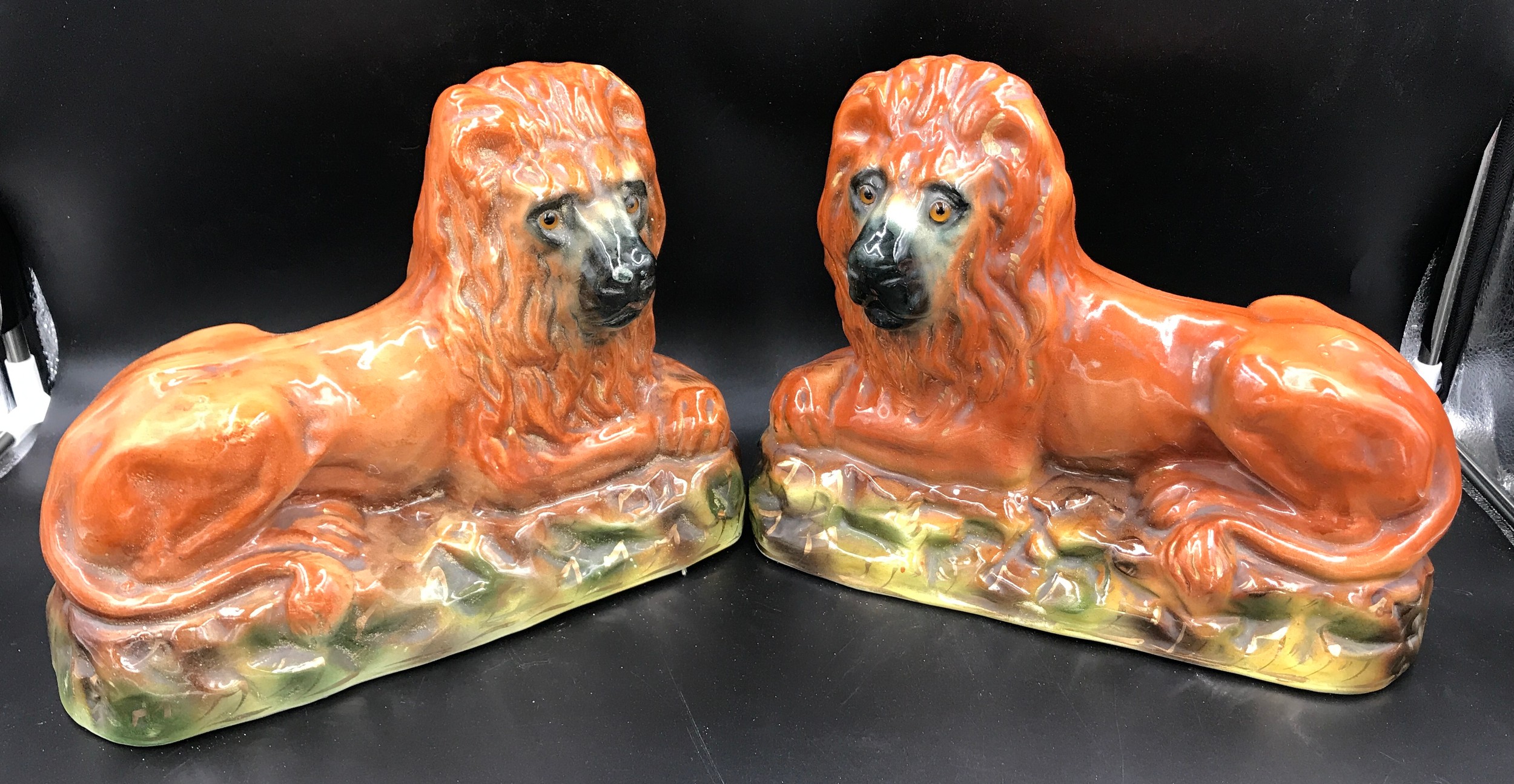 A pair of large Staffordshire pottery lions with glass eyes. 25cms h x 33cms w x14.5cms d.