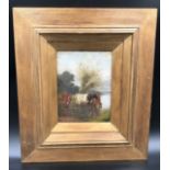A 19thC oil painting on canvas. Cattle in Water Meadow, initials signed L.R. 20cms h x 15.5cms w