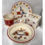 Mason's Tiffany Toys, nursery plate 17.5 w, baby feeding dish 16.5 w, a mug 7.5 h and a money box