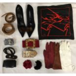 A selection of vintage costume to include a pair of black suede Panda Debrett model shoes size 6