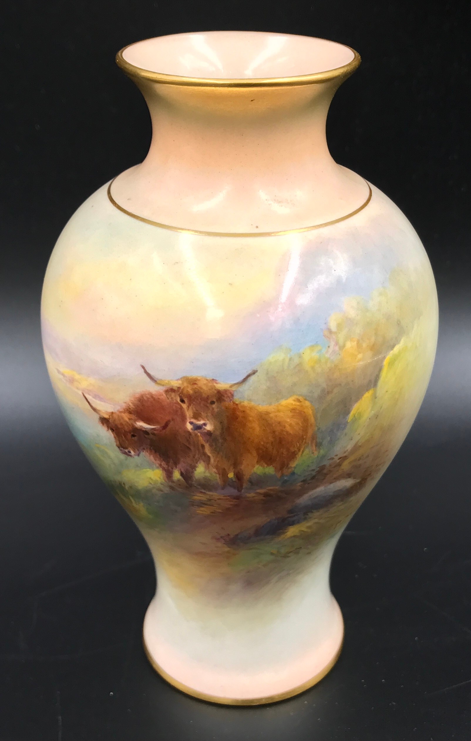 A Royal Worcester hand painted vase of Highland cattle signed J Stinton 15cms h.Condition ReportVery