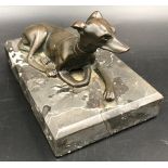 A bronze figure on marble base with whippet/greyhound ? 7.5cms h x 13cms x 8.5cms at base.