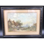 Framed watercolour signed W Manners. Thatched Country Cottage scene with figures and sheep,