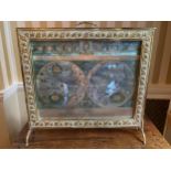 A decorative brass firescreen with maps to centre. 62cms w x 61cms h.