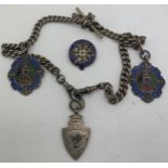 A white metal watch chain with 3 hallmarked silver medals.Condition ReportGood condition.