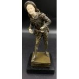 Bronze figure of Figaro, plaque to front Par Bouret (Mentionne au Salon) with marble base. 21cms