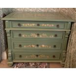 A Mark Rowan hand painted pine secretaire chest of drawers, depicting panels of fruit. 107 w x 57