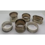 Six silver napkin rings, various dates and makers. 141.7gms total weight.