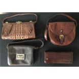 Four Brown leather handbags to include a crocodile skin with detail and a matching mirror inside