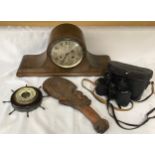 A miscellany to include an oak mantle clock 52cms w x 25cms h, a ship's barometer 19cms w, a pair of