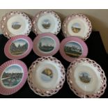 A selection of nine 19thc pink lustre souvenir plates with various scenes of London and Hull to