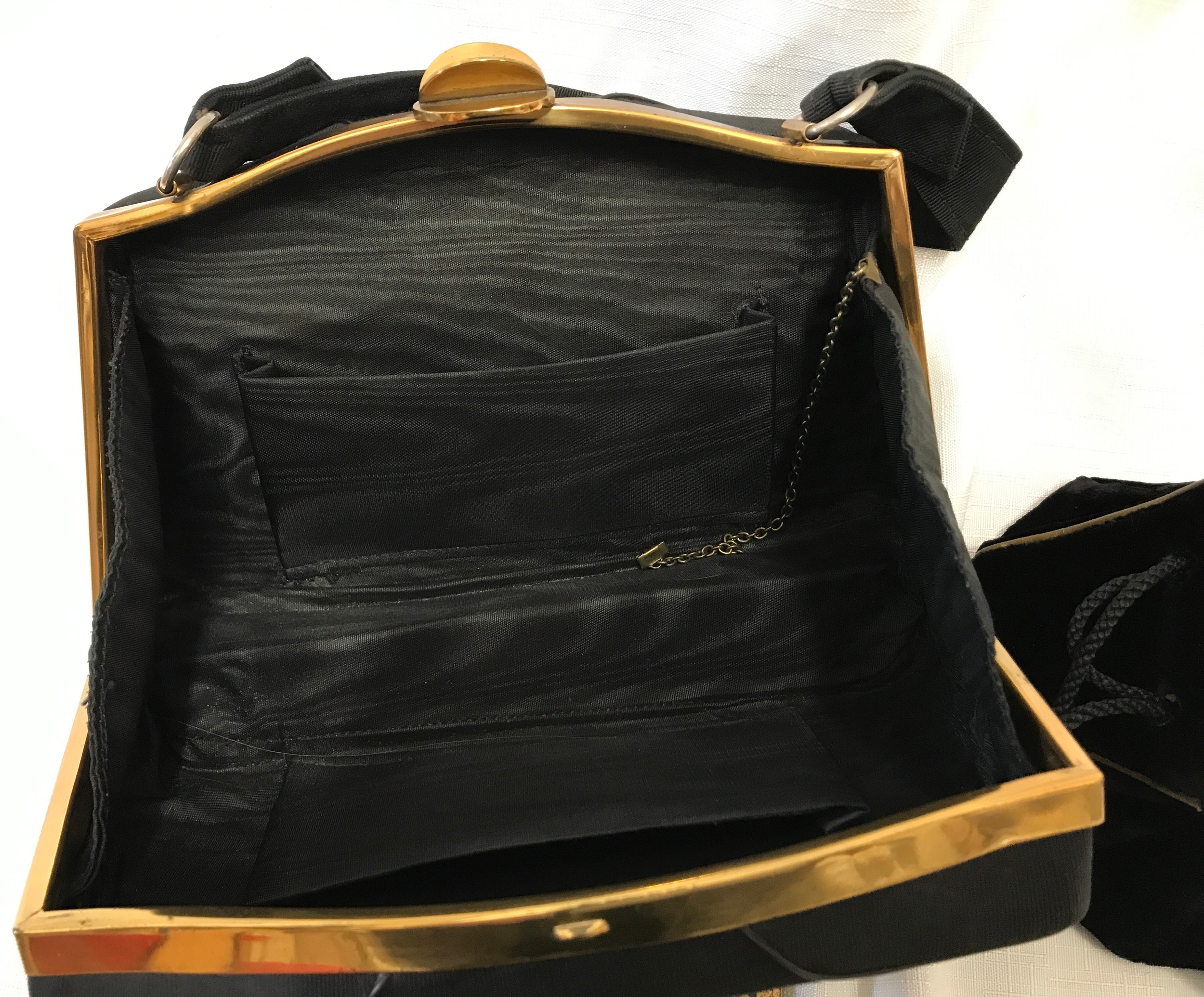 A 1950's black clasp handbag 24cmx 15cm, a small black velvet draw string handbag and a 1950's - Image 2 of 5