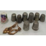 Nine various thimbles and a pair of earrings to include 2 hallmarked silver Charles Horner Dorcus,