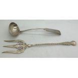 Silver toddy ladle, Aberdeen possibly by James Erskine C1800 together with a pickle fork,