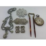 Jewellery to include brooch, dress clips, hair ornament, continental lady's silver pocket watch,