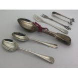 Silver teaspoons pickle forks and sugar tongs to include 6 x teaspoons. Exeter 1874, maker James &