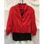Zandra Rhodes 1980's two piece suit, Red jacket with three black buttons to front together with a