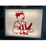 An illuminated sign from a local butchers. 70 w x 17 d x 77cms h.Condition ReportWorking order.