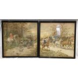 A pair of framed needlework tapestries of hunt scenes with classic car and coach and horses.