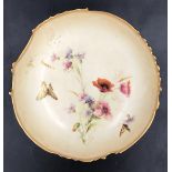 A Royal Worcester decorative pedestal plate with floral and butterfly decoration. 21.5cms d x 7.5cms