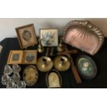 Miscellaneous items to include glass knobs, 19thc photographs, travelling brass chambersticks,
