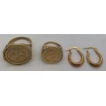Two rings with St George coins set in 9ct gold and a pair of 9ct gold earrings. Total weight 7.