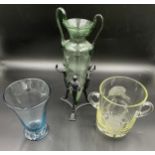 Glassware to include etched wine cooler by Richard Bray 1982, mid century vase and a tall vase on
