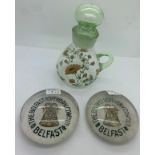Two glass paperweights, both "The Belfast Ropework Company Ltd, Belfast" and a painted glass jug