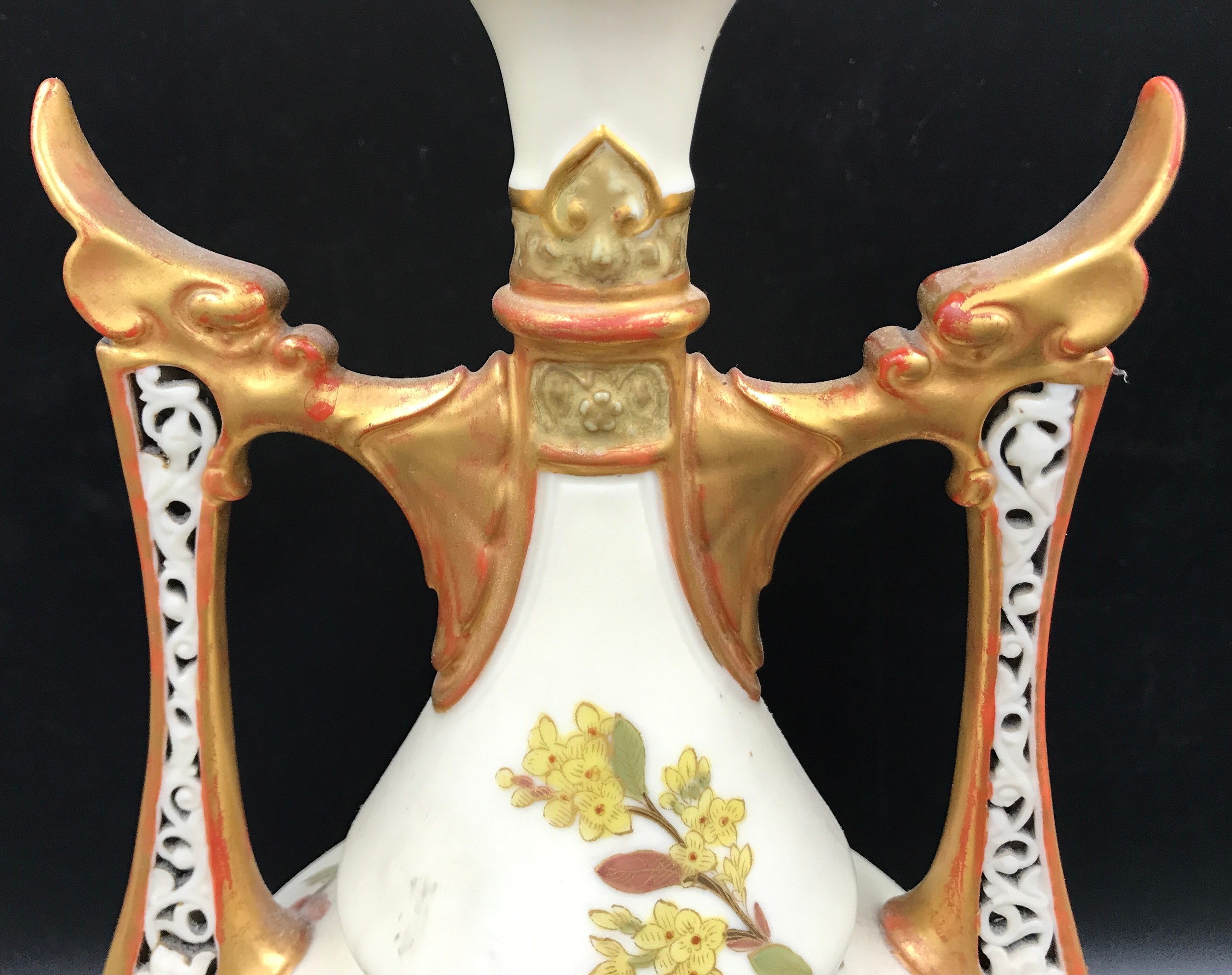 A Royal Worcester lidded vase with floral decoration and pierced dragon headed handles. 41cms. - Image 3 of 7