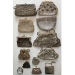 A collection of 13 silver coloured handbags and purses to include 4 x beaded bags one by Magid, 4