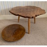 A burr walnut lazy Susan together with a burr walnut small table. 35cms h x 60cms w.Condition