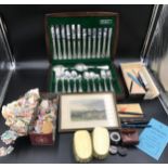 A mixed lot to include an Oneida canteen of cutlery, loose unused stamps, print Houghton Tower,