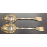 Pair London silver serving spoons by John Harris IV 1820 with single letter initial. 244 gms.