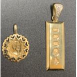 A 9ct gold ingot with an 1865 Maximillian's coin set in 9ct. Total weight 6.6gms.Condition