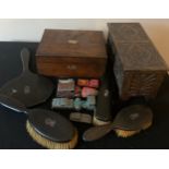 Miscellany to include ebony backed mirror and brushes, two wooden boxes and various toys to