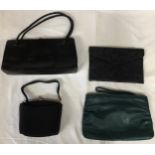 A selection of handbags to include a green leather clutch handbag by Toni 29cms w, an early fabric
