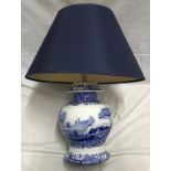 Spode Italian blue and white lamp base with blue shade, height to shade 56cms.Condition ReportGood