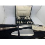 Six silver teaspoons, Birmingham 1940 and Sheffield 1942 tongs with silver handled cake slice and