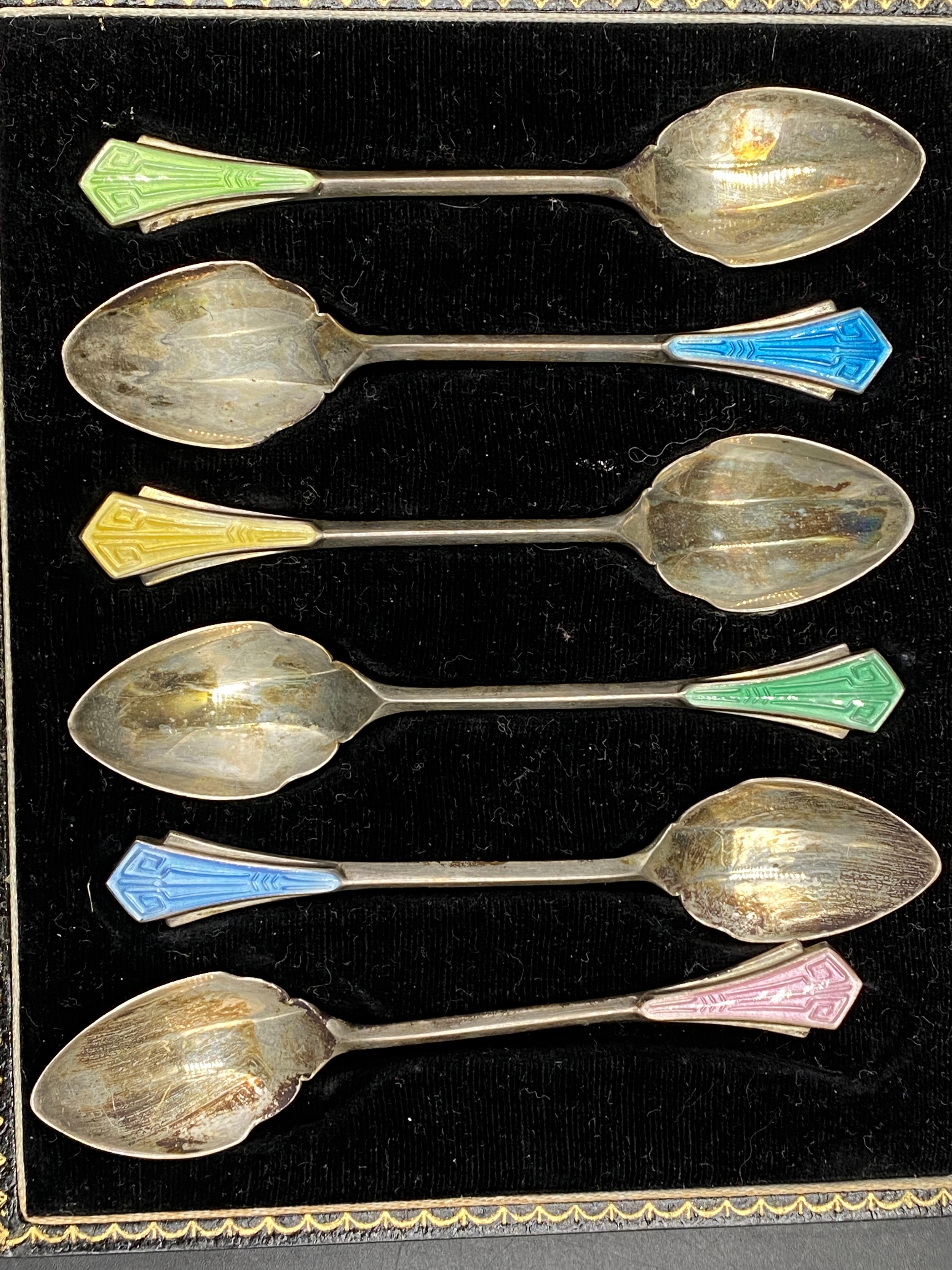 Cased silver and enamel coffee spoons Birmingham 1955 maker Henry Clifford Davis. Total spoon weight - Image 3 of 8