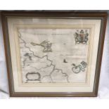 A framed map of Holy Island, Farne and part of Northumberland after J Blaeu. Map size 40 x 48cms.