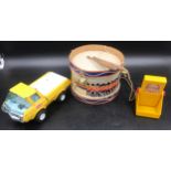 1950's wooden and card toy drum 'Trooping of the colours' together with a Tonka signal box and a