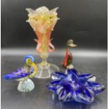 Four glass items to include a 19thC tri-colour Venetian glass vase with fish a/f, 2 glass Murano