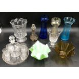 Glass to include a decanter set with circular tray, 2 x handkerchief vase 10cms h, 2 x tulip