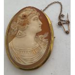 A shell cameo brooch in yellow metal surround marked 9ct with safety chain. 5 x 4cms.Condition