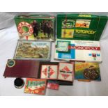 A collection of vintage games to include Totopoly, Escalado, 2 x Monopoly, Victory Jungle wood