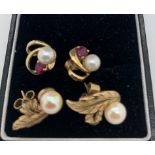 Two pairs of 9ct gold earrings set with pearls and rubies.Condition ReportGood condition.