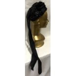 A black sequined, satin and lace Victorian hat/bonnet with ribbon tails measures 16cms w.Condition