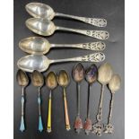 A quantity of hallmarked silver and white metal and enamelled spoons to include .925 and .800. Total